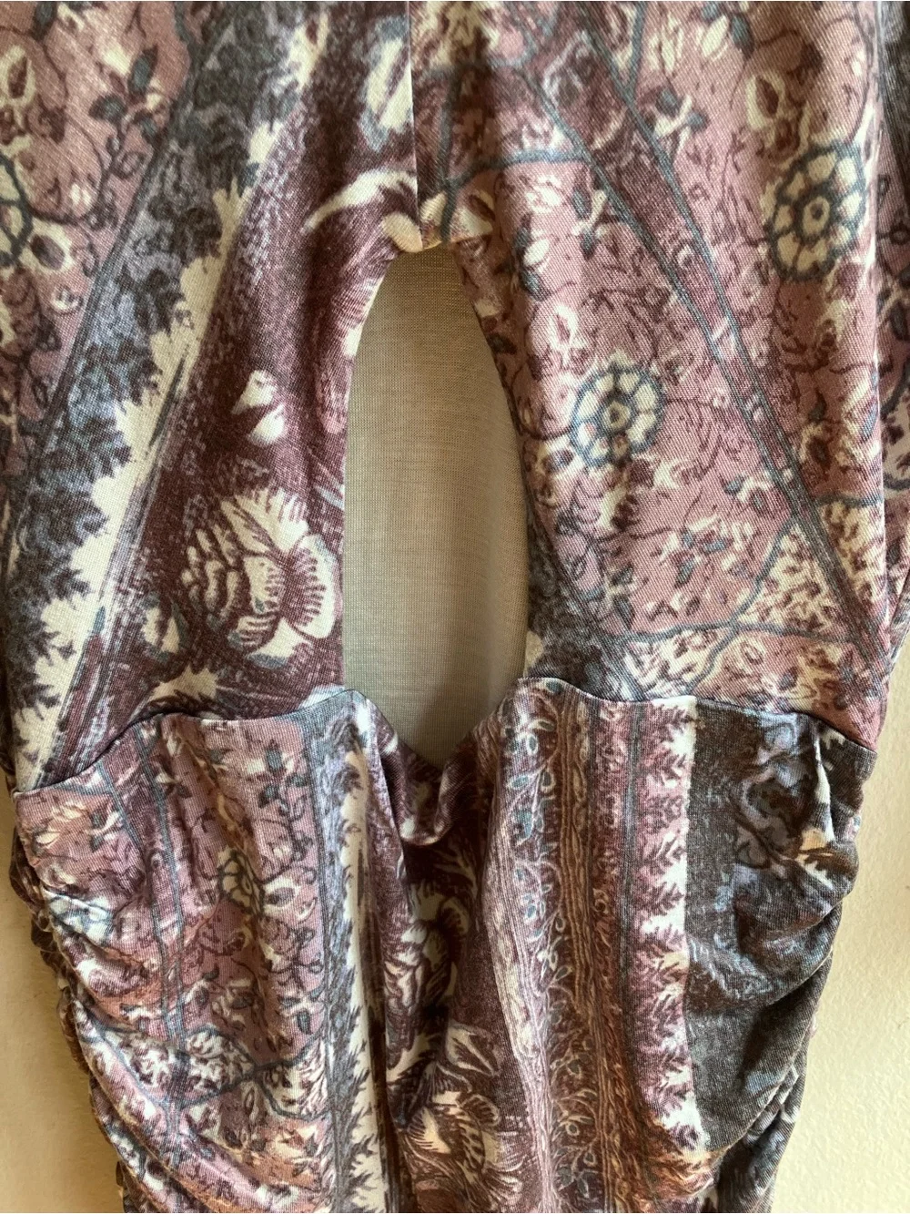Free People Jasmine Mini Dress Size S Purple Printed Ruched Bodycon Elbow Sleeve
